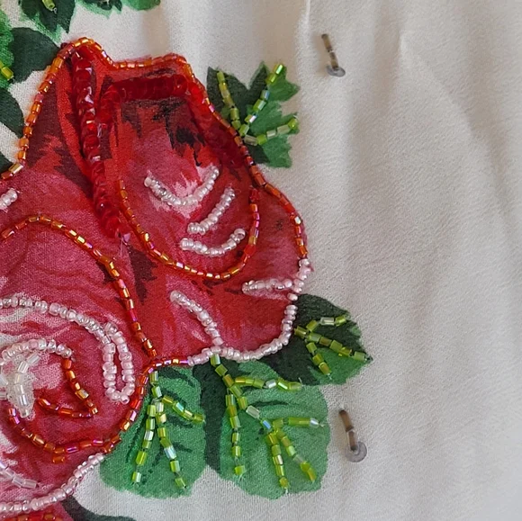 Christiana Rayon Floral Beaded Tote With 2 Bamboo Top Handles Large - Picture 7 of 14